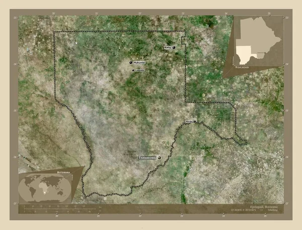 ボツワナ共和国の首都 高解像度衛星地図 地域の主要都市の位置と名前 コーナー補助位置図 — ストック写真