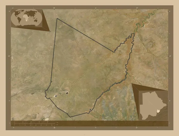 ボツワナ共和国のカトレン県 低解像度衛星地図 地域の主要都市の場所 コーナー補助位置図 — ストック写真
