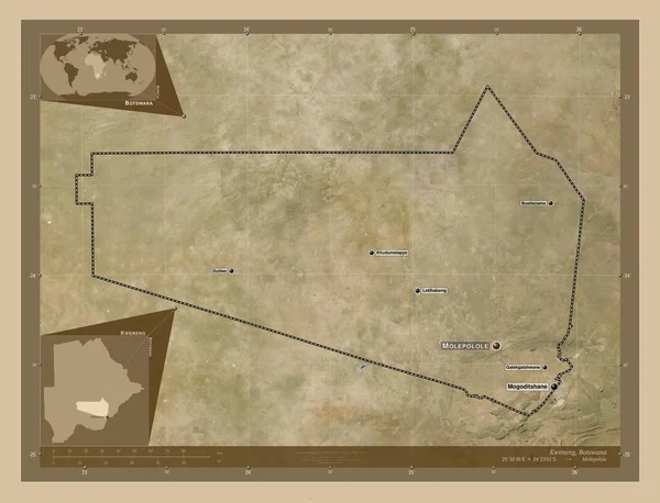 ボツワナ共和国の首都 低解像度衛星地図 地域の主要都市の位置と名前 コーナー補助位置図 — ストック写真