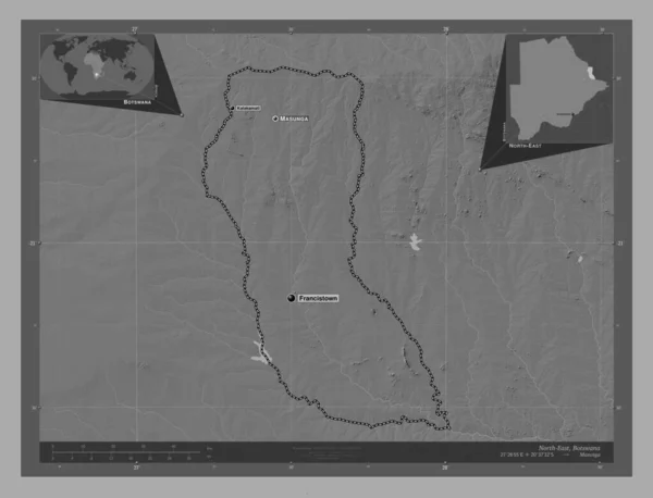 Noord Oost District Botswana Hoogteplattegrond Met Meren Rivieren Locaties Namen — Stockfoto