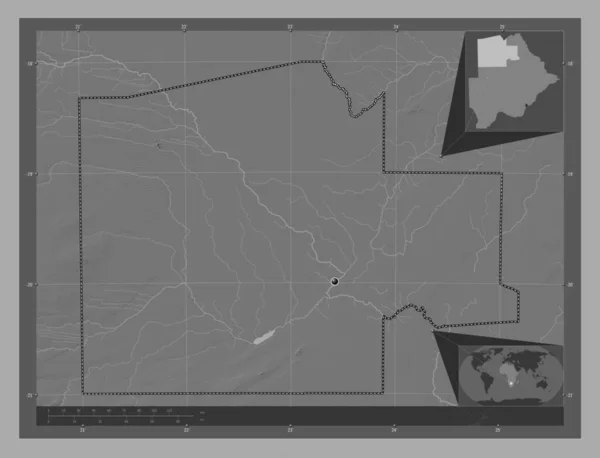 North West District Botswana Bilevel Elevation Map Lakes Rivers Corner — Stock Photo, Image