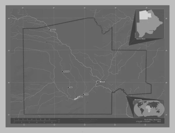 Noroeste Distrito Botsuana Mapa Elevación Escala Grises Con Lagos Ríos — Foto de Stock