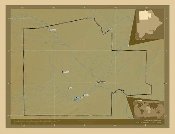 Северо Запад Район Ботсваны Цветная Карта Высоты Озерами Реками Места — стоковое фото