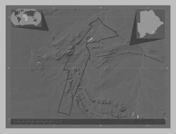 博茨瓦纳地区 带有湖泊和河流的灰度高程图 该区域主要城市的所在地点 角辅助位置图 — 图库照片