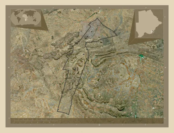 ボツワナの南東部に位置する 高解像度衛星地図 地域の主要都市の場所 コーナー補助位置図 — ストック写真