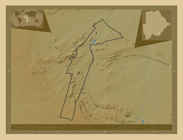 Zuidoost District Botswana Gekleurde Hoogtekaart Met Meren Rivieren Hulplocatiekaarten Hoek — Stockfoto