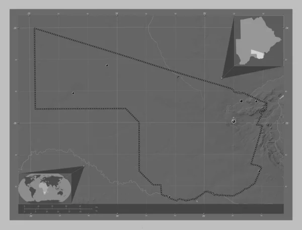 ボツワナ南部 湖や川とグレースケールの標高マップ 地域の主要都市の場所 コーナー補助位置図 — ストック写真