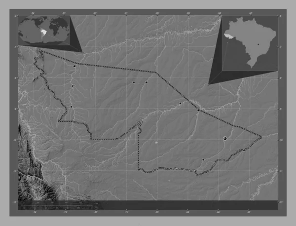 Acre Estado Brasil Mapa Elevación Bilevel Con Lagos Ríos Ubicaciones —  Fotos de Stock