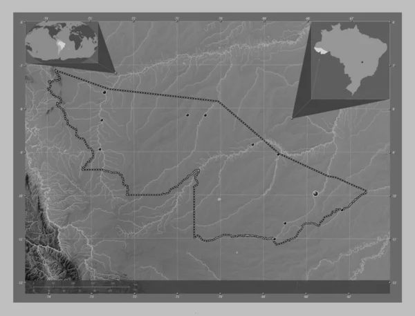 Acre Estado Brasil Mapa Elevación Escala Grises Con Lagos Ríos —  Fotos de Stock