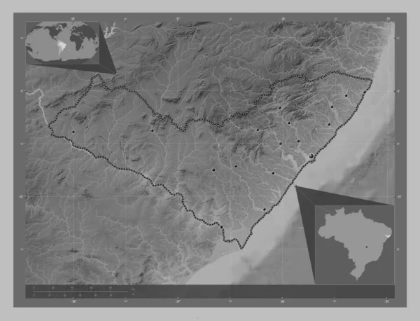 Alagoas Stan Brazylia Mapa Wzniesień Skali Szarości Jeziorami Rzekami Lokalizacje — Zdjęcie stockowe
