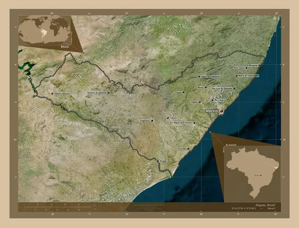 阿拉戈斯 巴西州 低分辨率卫星地图 该区域主要城市的地点和名称 角辅助位置图 — 图库照片