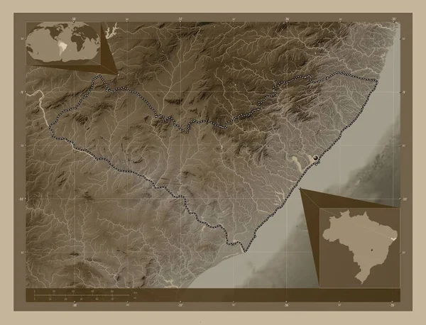 Alagoas Estado Brasil Mapa Elevación Coloreado Tonos Sepia Con Lagos —  Fotos de Stock