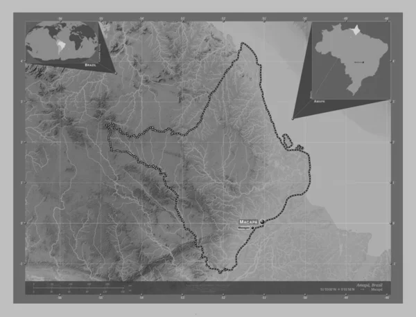 Amapa Estado Brasil Mapa Elevação Escala Cinza Com Lagos Rios — Fotografia de Stock