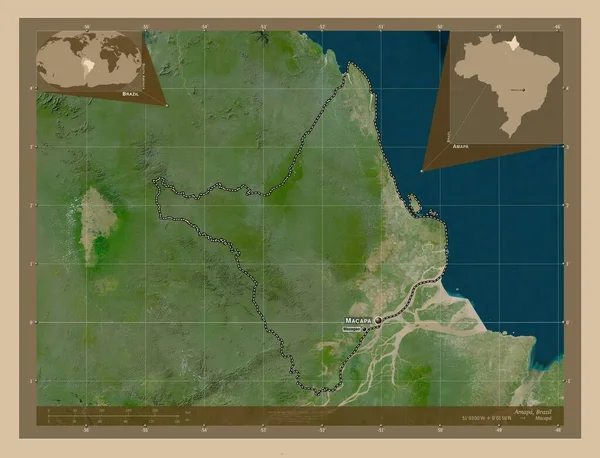 阿玛巴 巴西州 低分辨率卫星地图 该区域主要城市的地点和名称 角辅助位置图 — 图库照片