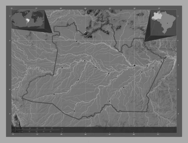 Amazonas Estado Brasil Mapa Elevación Bilevel Con Lagos Ríos Ubicaciones —  Fotos de Stock