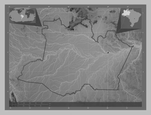 Амазонас Штат Бразилія Граймасштабна Мапа Висот Озерами Річками Кутові Допоміжні — стокове фото