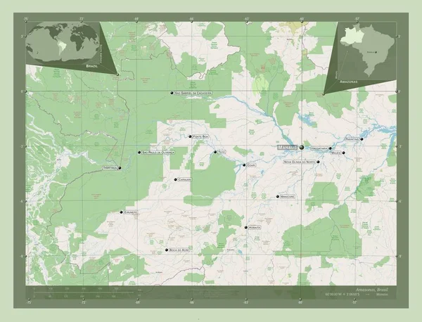 亚马孙 巴西州 开放街道地图 该区域主要城市的地点和名称 角辅助位置图 — 图库照片