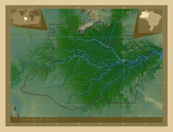 亚马孙 巴西州 有湖泊和河流的彩色高程图 角辅助位置图 — 图库照片