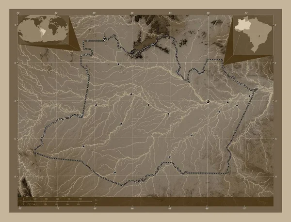 Amazonas Delstaten Brasilien Höjdkarta Färgad Sepiatoner Med Sjöar Och Floder — Stockfoto