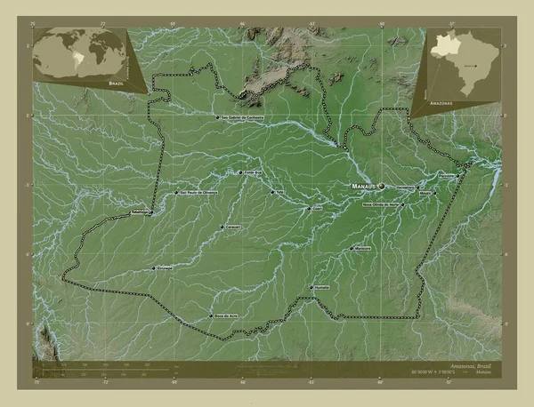 Amazonas Brazília Állam Magassági Térkép Színes Wiki Stílusban Tavak Folyók — Stock Fotó