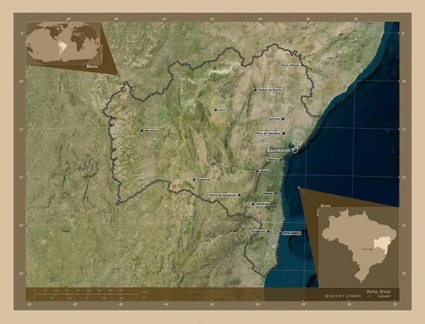 巴西巴伊亚州巴伊亚州低分辨率卫星地图 该区域主要城市的地点和名称 角辅助位置图 — 图库照片