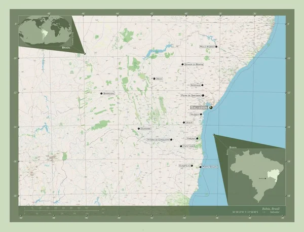 バイア ブラジルの州 ストリートマップを開く 地域の主要都市の位置と名前 コーナー補助位置図 — ストック写真