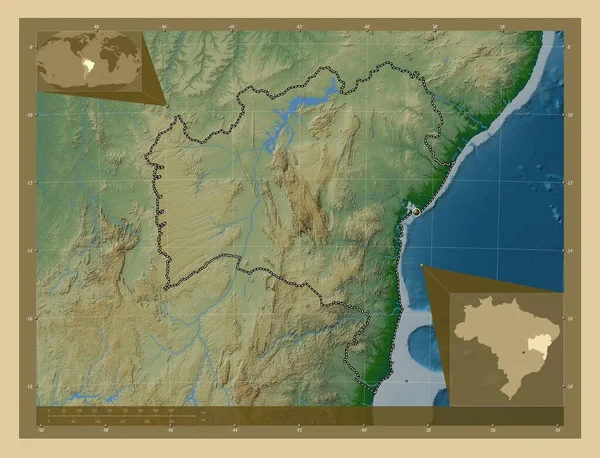巴西巴伊亚州巴伊亚州有湖泊和河流的彩色高程图 角辅助位置图 — 图库照片