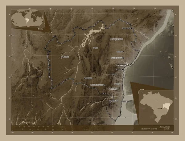 Bahia Estado Brasil Mapa Elevación Coloreado Tonos Sepia Con Lagos —  Fotos de Stock