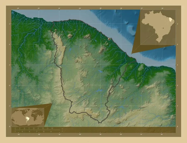 Сеара Штат Бразилия Цветная Карта Высоты Озерами Реками Вспомогательные Карты — стоковое фото