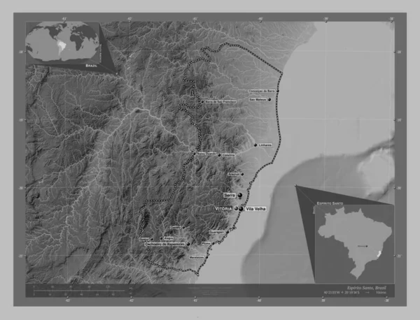 Еспіріто Санто Штат Бразилія Граймасштабна Мапа Висот Озерами Річками Місця — стокове фото