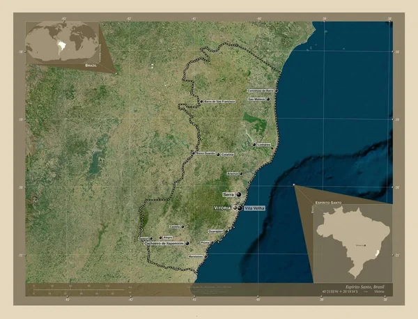 エスピリト サントブラジルの州 高解像度衛星地図 地域の主要都市の位置と名前 コーナー補助位置図 — ストック写真