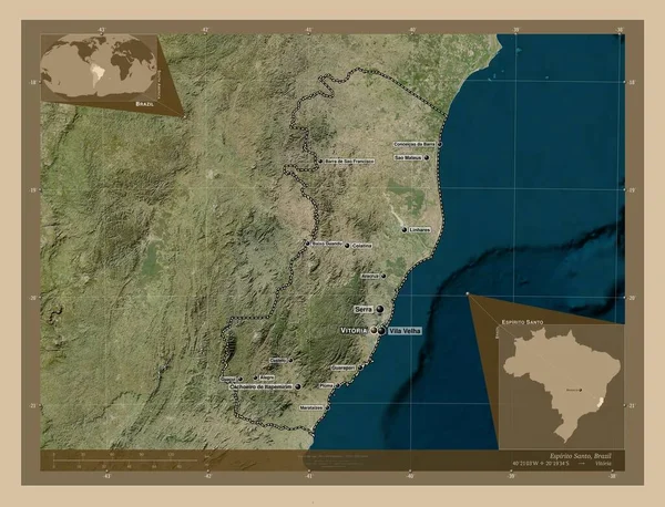 エスピリト サントブラジルの州 低解像度衛星地図 地域の主要都市の位置と名前 コーナー補助位置図 — ストック写真