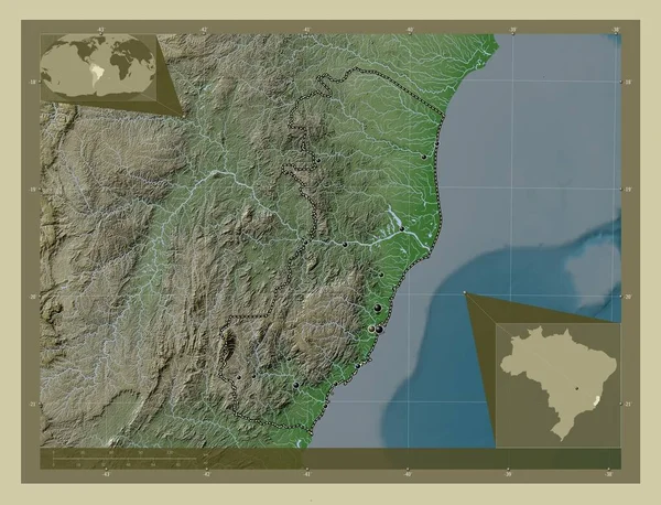 圣埃斯皮罗 巴西州 用Wiki风格绘制的带有湖泊和河流的高程地图 该区域主要城市的所在地点 角辅助位置图 — 图库照片