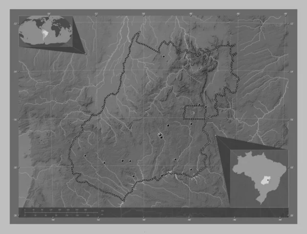 Goias Delstaten Brasilien Grayscale Höjdkarta Med Sjöar Och Floder Platser — Stockfoto