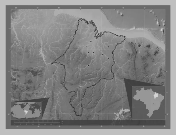 マラナオ ブラジルの状態 湖や川とグレースケールの標高マップ 地域の主要都市の場所 コーナー補助位置図 — ストック写真