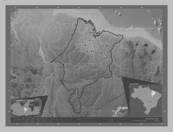 Maranhao Delstaten Brasilien Grayscale Höjdkarta Med Sjöar Och Floder Platser — Stockfoto