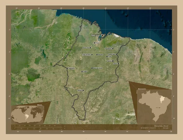 マラナオ ブラジルの状態 低解像度衛星地図 地域の主要都市の位置と名前 コーナー補助位置図 — ストック写真