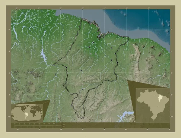 Maranhao 巴西州 用Wiki风格绘制的带有湖泊和河流的高程地图 该区域主要城市的所在地点 角辅助位置图 — 图库照片