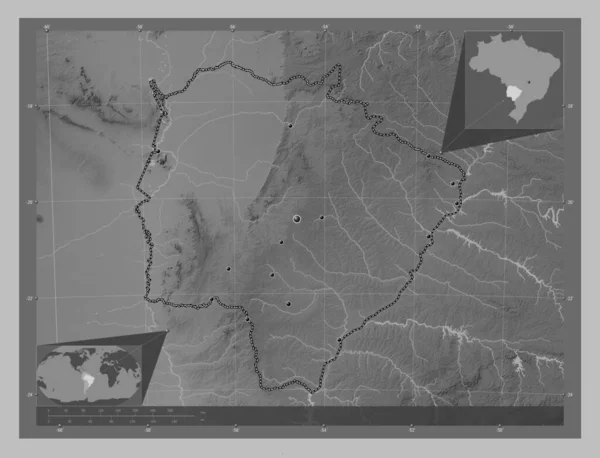 ブラジルのマト グロッソ スル州 湖や川とグレースケールの標高マップ 地域の主要都市の場所 コーナー補助位置図 — ストック写真