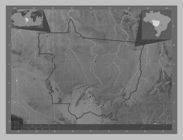 Mato Grosso State Brazil Grayscale Elevation Map Lakes Rivers Locations — Stock Photo, Image