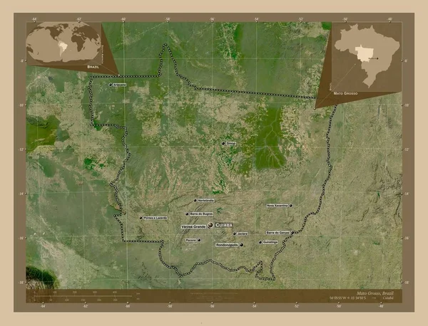 ブラジルの首都マト グロッソ 低解像度衛星地図 地域の主要都市の位置と名前 コーナー補助位置図 — ストック写真