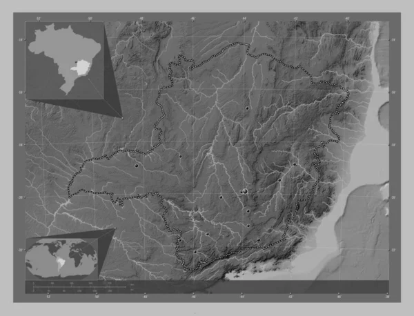 Мінас Жерайс Штат Бразилія Граймасштабна Мапа Висот Озерами Річками Розташування — стокове фото