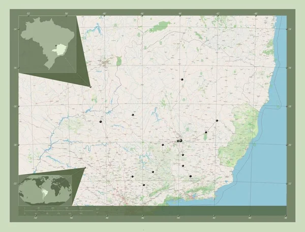 ブラジルのミナスジェライス州 ストリートマップを開く 地域の主要都市の場所 コーナー補助位置図 — ストック写真
