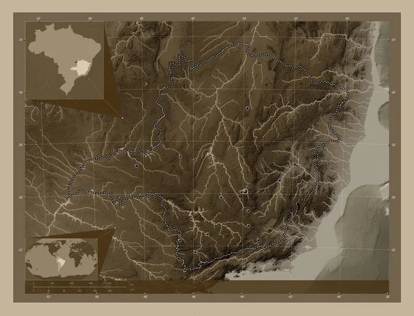 Minas Gerais State Brazil Elevation Map Colored Sepia Tones Lakes — Stock Photo, Image