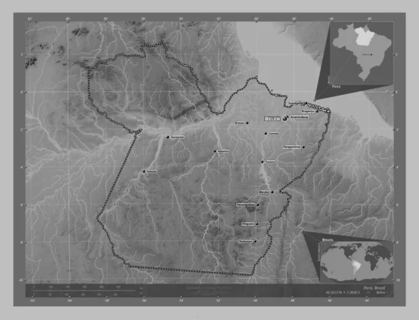Para, state of Brazil. Grayscale elevation map with lakes and rivers. Locations and names of major cities of the region. Corner auxiliary location maps