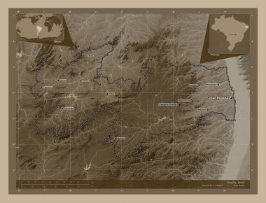 Paraiba, Brezilya eyaleti. Yükseklik haritası sepya tonlarında göller ve nehirlerle renklendirilmiş. Bölgenin büyük şehirlerinin yerleri ve isimleri. Köşedeki yedek konum haritaları