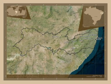 Pernambuco, Brezilya eyaleti. Düşük çözünürlüklü uydu. Bölgenin büyük şehirlerinin yerleri ve isimleri. Köşedeki yedek konum haritaları