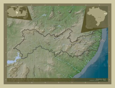 Pernambuco, Brezilya eyaleti. Yükseklik haritası göller ve nehirlerle wiki tarzında renklendirilmiş. Bölgenin büyük şehirlerinin yerleri ve isimleri. Köşedeki yedek konum haritaları