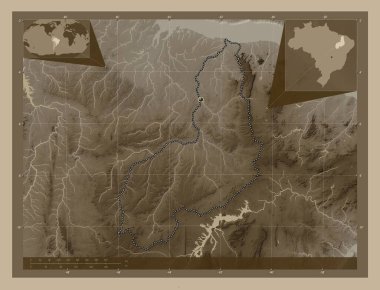 Piaui, Brezilya eyaleti. Yükseklik haritası sepya tonlarında göller ve nehirlerle renklendirilmiş. Köşedeki yedek konum haritaları