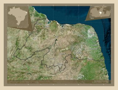 Rio Grande do Norte, Brezilya eyaleti. Yüksek çözünürlüklü uydu. Bölgenin büyük şehirlerinin yerleri ve isimleri. Köşedeki yedek konum haritaları